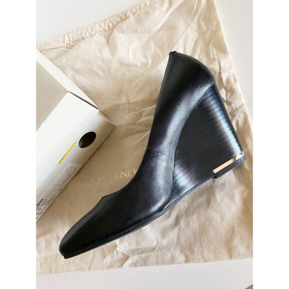 Katherine Kelly Leather Mara Wedge Shoes Sz 6 Black Gold Almond toe - Picture 7 of 14